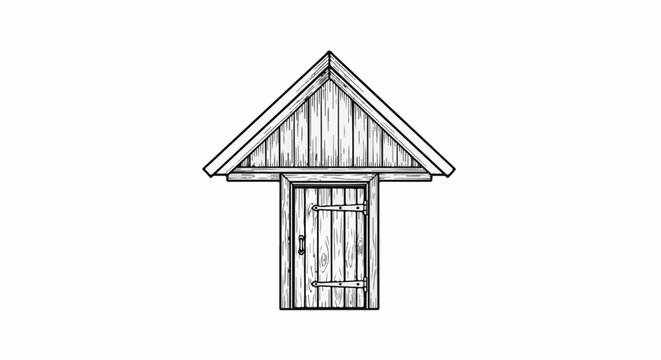 A wooden door with a triangular roof above, rendered in a sketch style