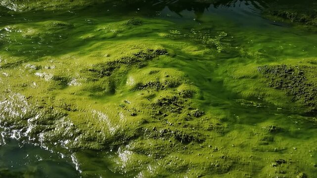 Lush Algae Blooms in Water: A vibrant display of green algae blankets the water surface, creating a textured pattern.