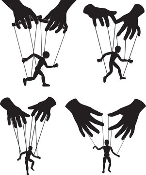 Hands Controlling Puppet Strings Silhouette Vector Illustration &ndash; Manipulation Concept Black and White Clipart