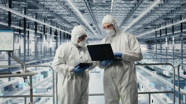 Employees in safety suits reviewing microchip smart factory schematics, talking. Teamworking colleagues collaborating, overseeing gear layouts using EDA software in industry 4.0 plant, camera A