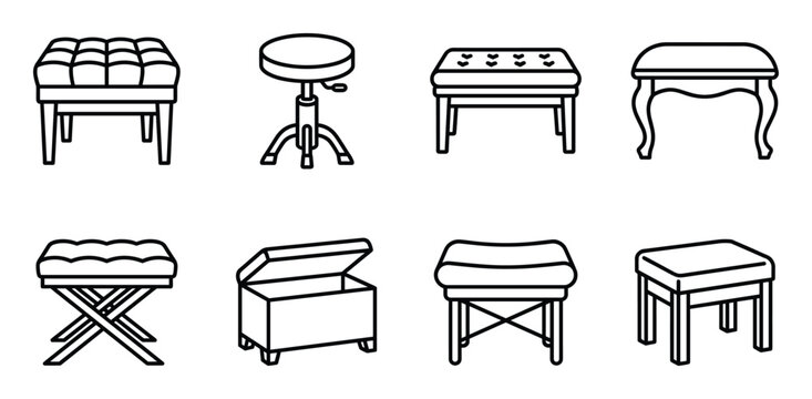 Assortment of padded stools and storage benches with ornate and simple designs isolated.