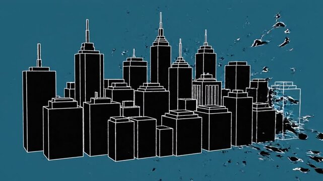 Cityscape illustration depicts skyscrapers crumbling with debris falling.