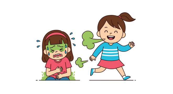 Funny illustration of a young girl running and passing gas while another girl reacts with a sick face and covers her stomach.