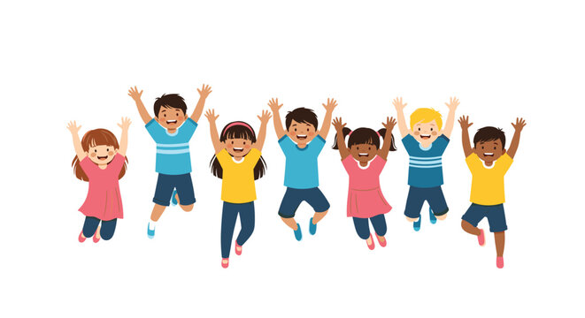Seven diverse children of various ethnicities jumping for joy with their arms raised high in a row against a white background.
