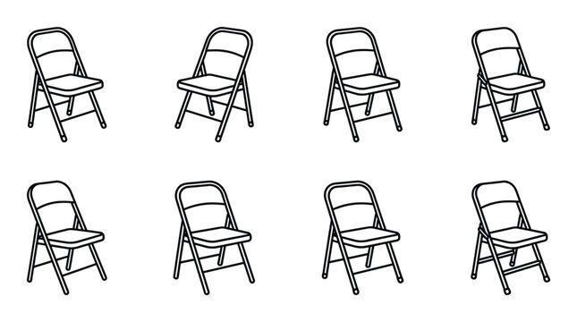 Collection of eight folding metal chairs with thin frames for events and temporary seating.