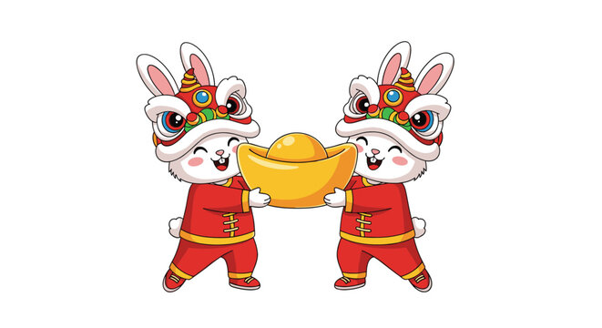 Two cute rabbits wearing traditional Chinese lion dance costumes holding a large gold sycee for Lunar New Year celebration.