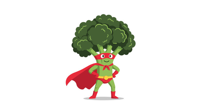 Cute anthropomorphic broccoli superhero character wearing a red mask and cape standing in a heroic pose for healthy eating.