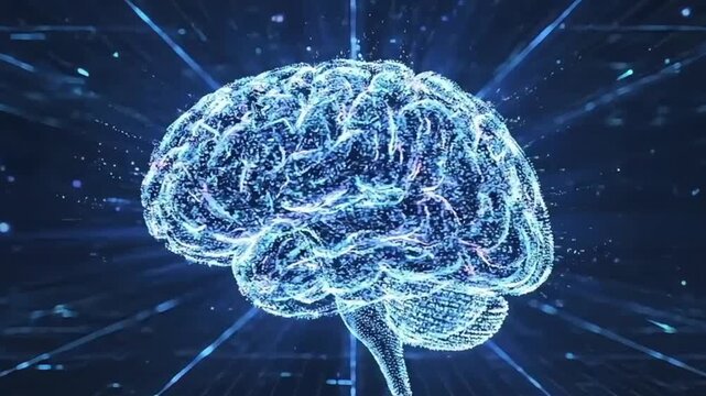 A glowing, digital wireframe representation of a human brain against a dark blue background with radiating light beams, symbolizing artificial intelligence and advanced technology.
