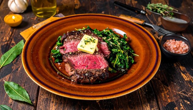 Medium-rare, sliced steak sits atop saut?ed greens on a brown plate, garnished with butter. Side of herbs, salt, garlic, and a candle