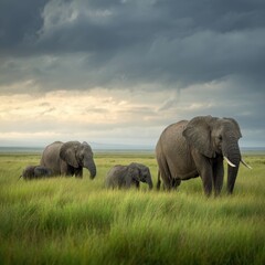 Fototapeta premium Majestic Elephant Herd Walking Across African Savanna Grassland Under Blue Sky, Powerful Wildlife Safari Scene