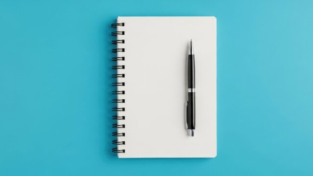 A spiral-bound notebook with a blank white cover and a black pen on top, set against a solid turquoise background