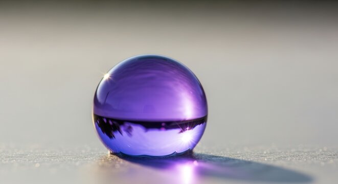 Vibrant purple sphere refracting light and inverting a subtle reflection on a textured surface
