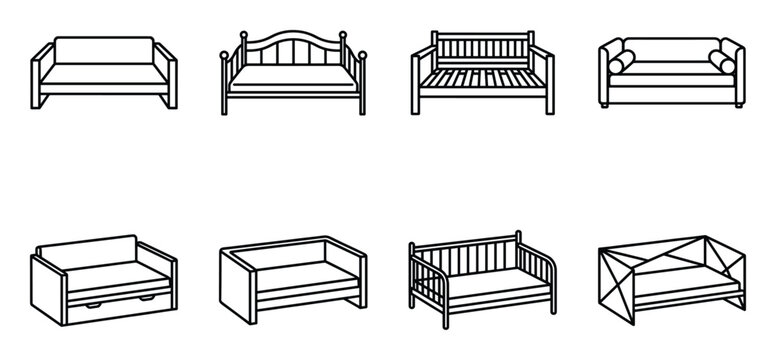 Collection of outlined furniture icons including sofas beds chairs and ottomans on transparent.