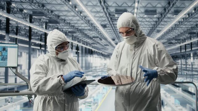 Team of technicians in silicon wafer production facility discussing how to innovate components. Teamworking engineers collaborate to increase semiconductor substrates quality, camera A