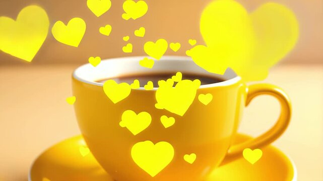 Yellow coffee cup with floating hearts rising from it. Bright morning aesthetic with vibrant yellow theme and warm coffee. Love and positive energy concept, suitable for social media marketing.