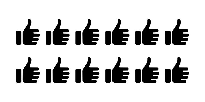 Black hand gesture thumbs up vector graphics arranged in rows. Simple positive feedback symbols for digital interface rating and user appreciation set.