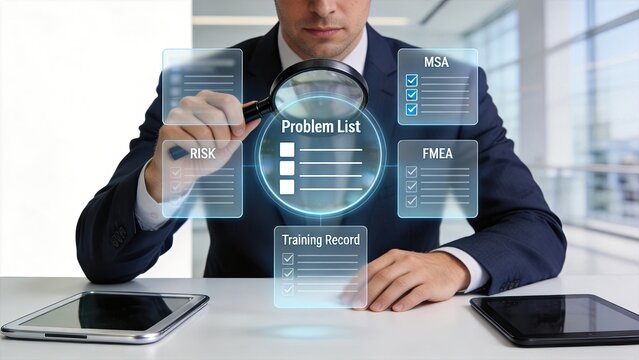 Businessman using magnifying glass to analyze future holographic risk problem list MSA FMEA and training record data on touch screen interface in modern corporate office