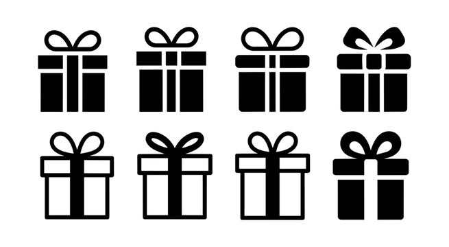 Black silhouette and outline Gift box icon set vector design with bows and ribbons, set of present symbols on white background. Holiday surprise package icons.