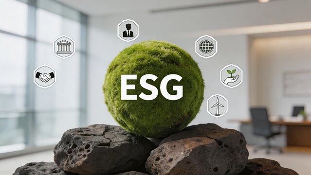 ESG concept green sustainability business sphere on rocks environmental social governance corporate responsibility eco friendly icons floating around office background