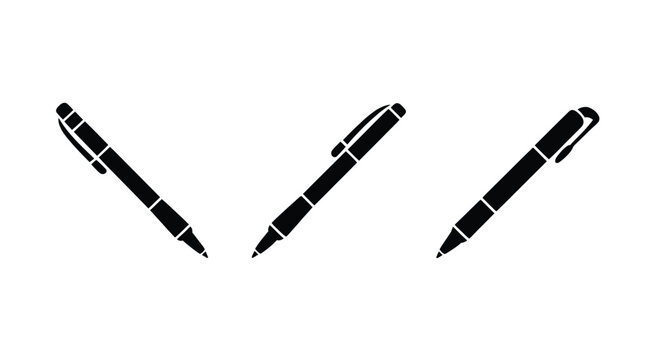 Three Elegant Black Pens with Silver Details Isolated on White