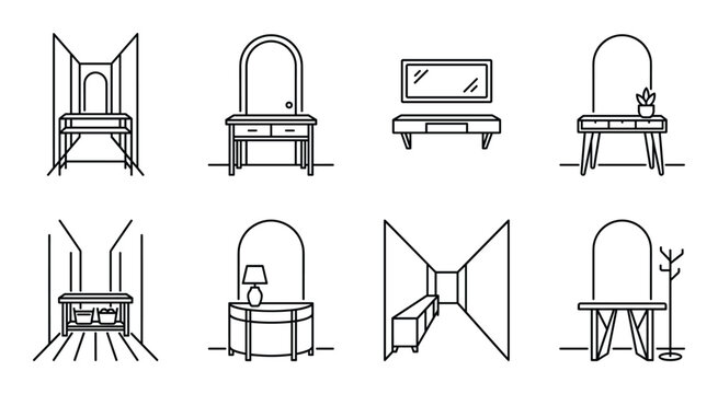 Set of eight outline console tables and dressing tables with mirrors isolated on transparent background.