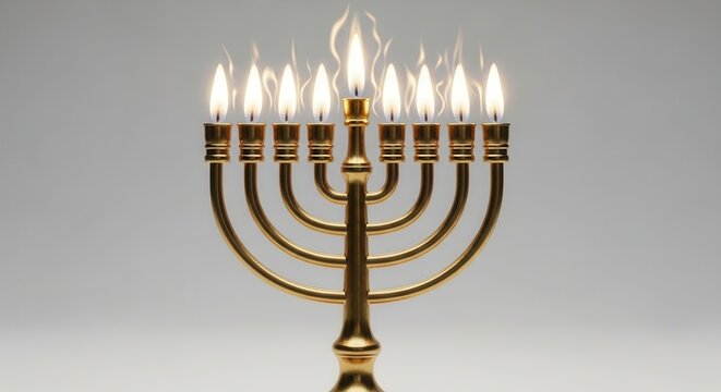 Radiant golden candelabrum illuminated with nine glowing flames against a serene light background