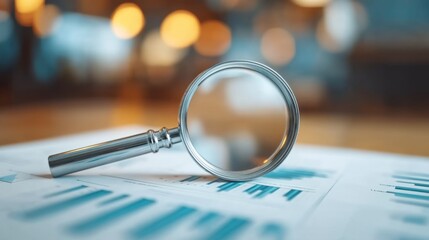 Fototapeta premium Close-up Shot of a Magnifying Glass on a Table with Financial Charts in the Background for Business and Analytical Themes
