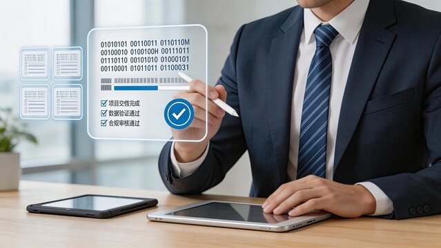 Businessman interacting with holographic digital interface displaying binary code data verification checklist compliance audit process modern office technology workspace tablet