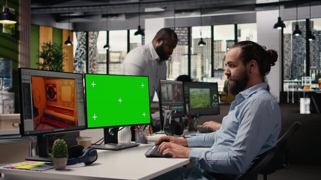 Chroma key mockup and space themed video game interface, using programming software and modern development tools. Woman creating virtual world environments for the gaming industry.