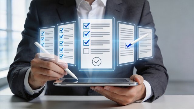 Businessman using digital tablet and futuristic holographic interface for online voting checking list verifying data security auditing process management application software