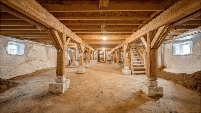 Rustic unfinished wooden basement interior with exposed beams and support columns creating a