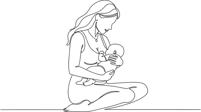 Beautiful continuous line art of a mother breastfeeding her newborn baby in a sitting position for motherhood and parenting design.