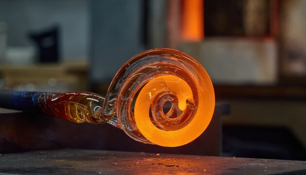 A glassblower shapes a glowing glass object on a metal blowpipe in a workshop.