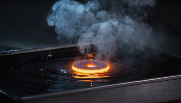 A glowing hot object emits smoke while submerged in dark water within a metallic container.