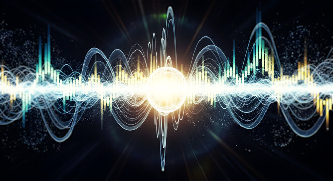 眩い光を放つサウンドウェーブとDNA螺旋の抽象的な背景 音楽と科学の融合 サイバー テクノロジー素材