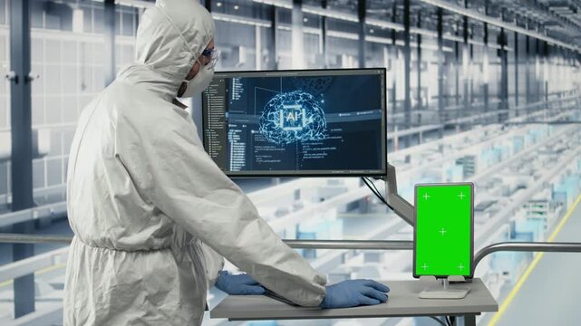 Software on display in empty microchips manufacturing plant monitoring fabrication supply chain yield data. Computer program visualizing semiconductors factory production line bottlenecks