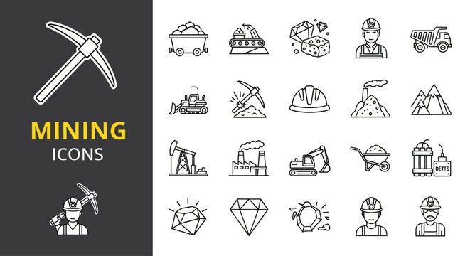 Modern vector outline icon collection for the mining industry, featuring essential tools, heavy machinery, minerals, and worker safety elements