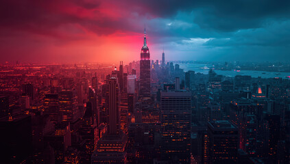 Naklejka premium Neon skyline dusk skyline sunset skyline dramatic lighting