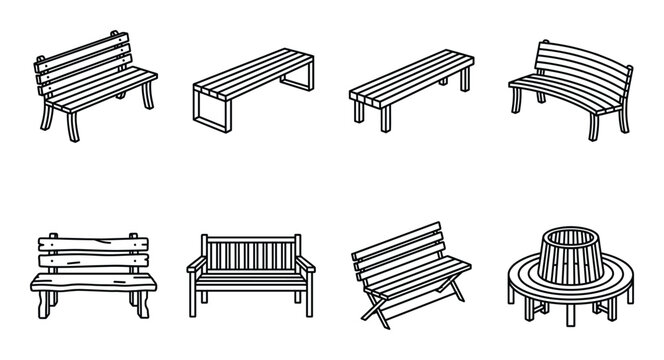 Various park benches and garden seating options including circular and slatted designs.