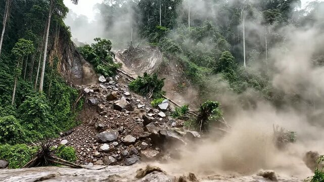 Landslide on a forest mountain road.