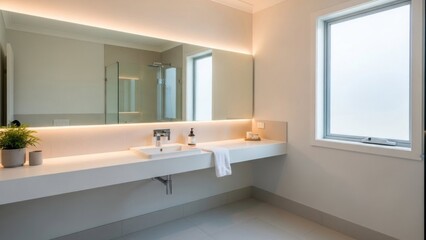 Fototapeta premium A modern bathroom with a floating sink, mirror, and window with a plant
