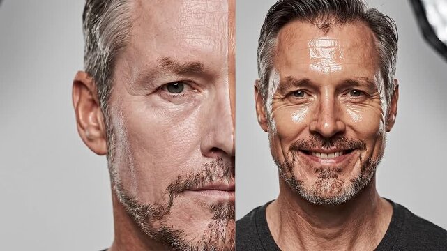 Split Face Hydration Comparison Mature Man Skincare Facial Difference Healthy Skin Dry Skin Aging Closeup Middle Aged Male Studio Portrait Facial Treatment Anti Aging Moisturizing Beard