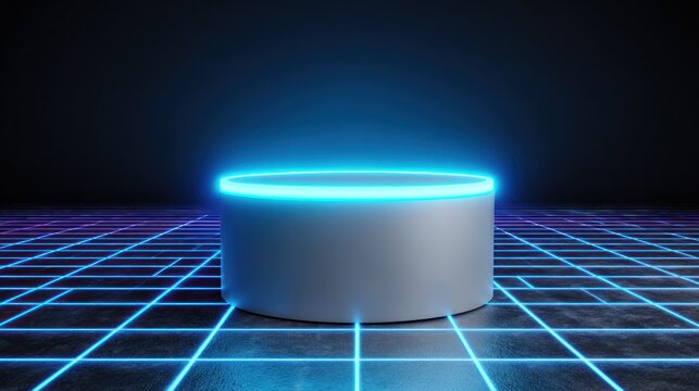 Abstract futuristic cylindrical platform with neon blue light in digital space