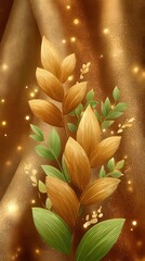 Obraz premium Elegant Golden Leaves and Green Foliage on Textured Brown Background with Bokeh Lights