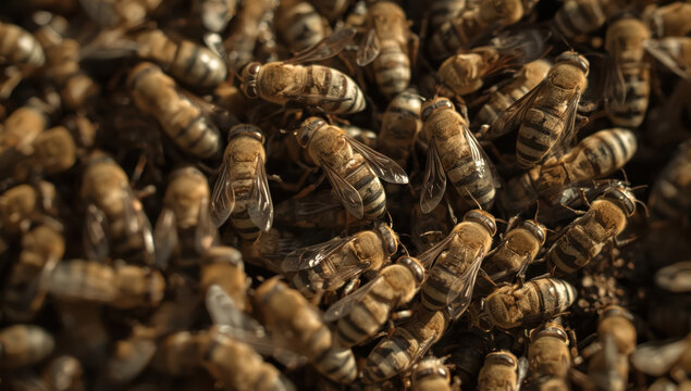 Swarm of honeybee clustering with warm shallow depth of field, detailed texture and motion