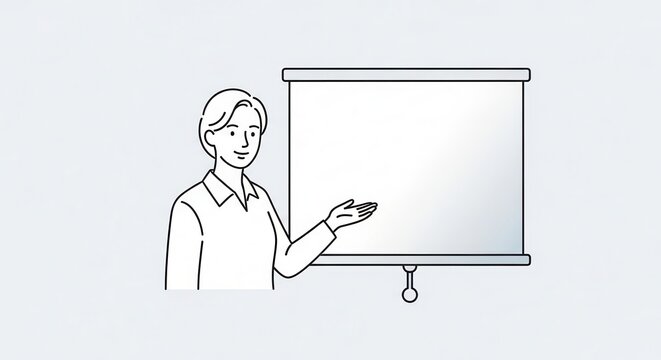 Clear line-art illustration of a professional explaining content on a blank screen for various