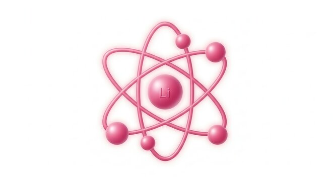 Vibrant pink lithium atom model illustrating subatomic particle arrangement on a clean white