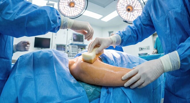 Surgical team performing skin prep on patient shoulder