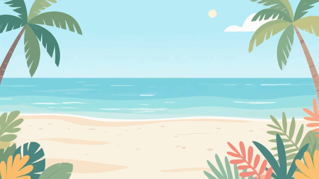 Tropical beach background with palm trees and leaves