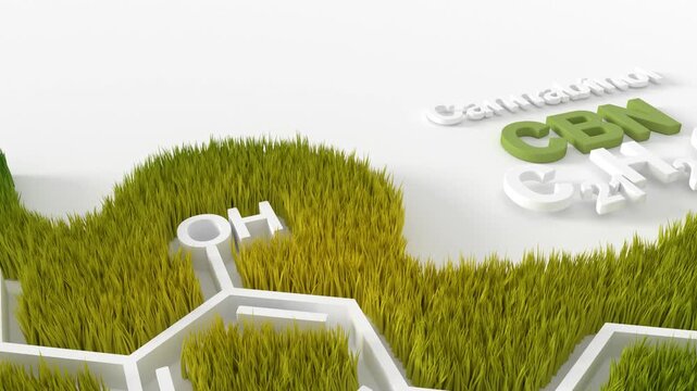 Cannabinol or CBN molecular structural chemical formula. Futuristic science backdrop. Pharmacology concept. Formula with green grass.